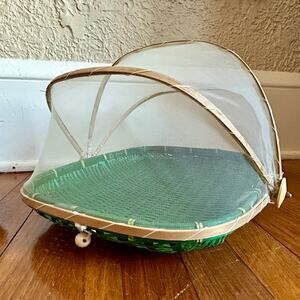 Vintage Green Wicker Picnic Basket with Mesh Dome Food Cover